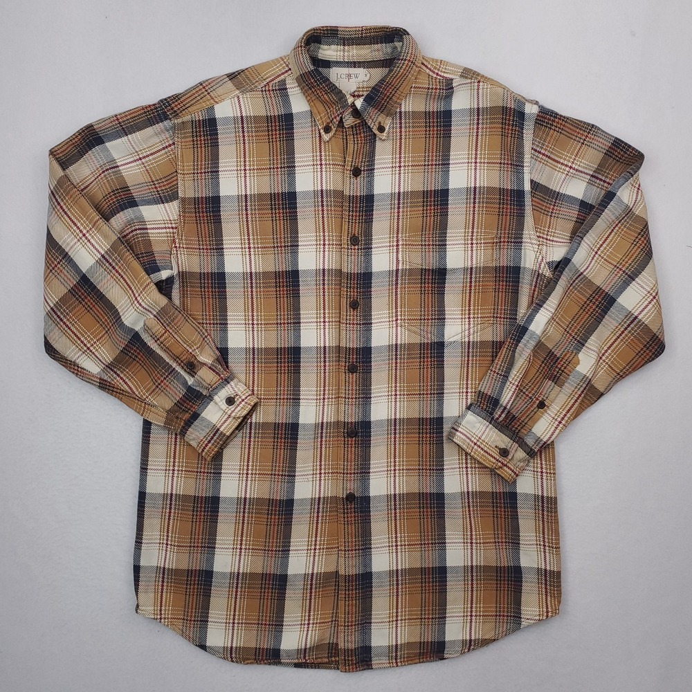 Vintage J Crew Oarsman Shirt Mens Medium Tan Plaid Flannel Heavyweight Button Up